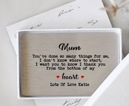 Personalised Sentimental Poem For Mum Metal Wallet Card