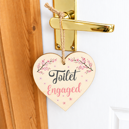 Engaged Vacant Cherry Blossom Toilet Door - Double Sided Wooden Heart Sign