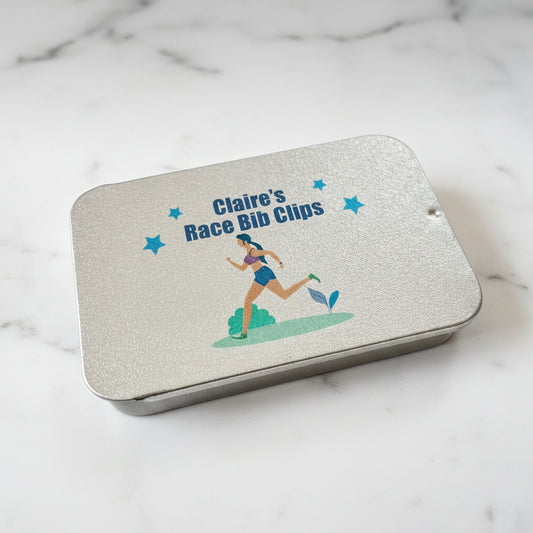 Personalised Name Female Running Bib Clips Metal Tin