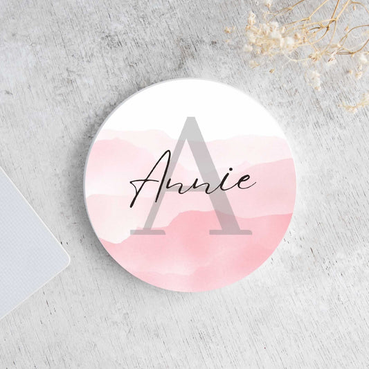 Personalised Initial Name Watercolour Ceramic Round Coaster