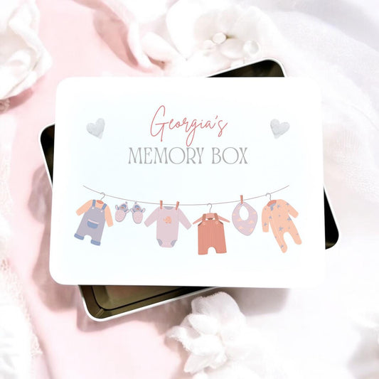 Personalised New Baby Girl Pink Metal Memory Tin