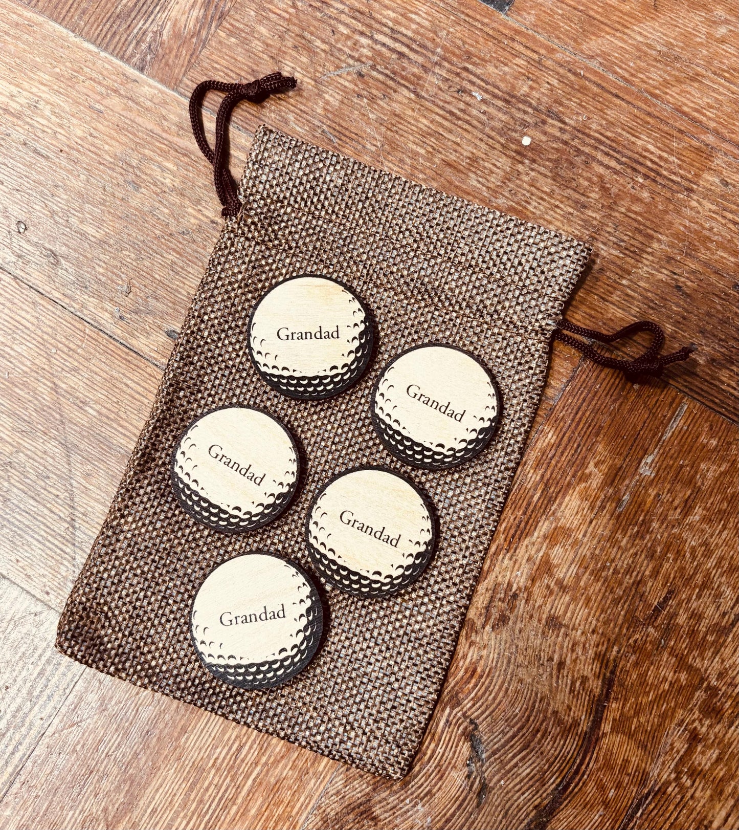 Personalised Name Wooden Golf Ball Markers Set of Five In Jute Gift Bag
