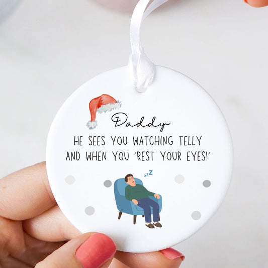 Personalised “He Sees You Watching Telly” Ceramic Christmas Ornament