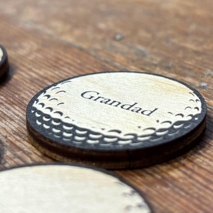 Personalised Name Wooden Golf Ball Markers Set of Five In Jute Gift Bag