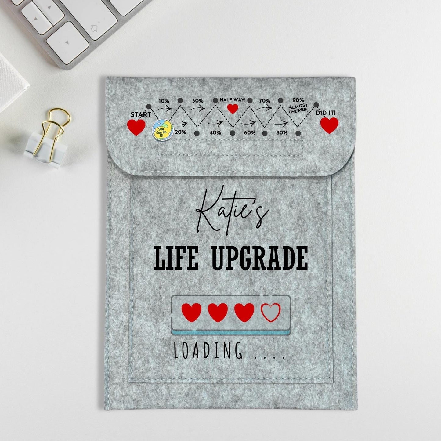 A personalized gray felt laptop sleeve or folder on a white desk, styled with a keyboard, white pen, and gold binder clips. The sleeve features custom printed text reading 'Katie's LIFE UPGRADE' and 'LOADING .