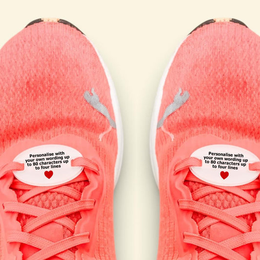 Personalised Pair Of Oval Premium Acrylic Trainer Tags With Your Own Wording