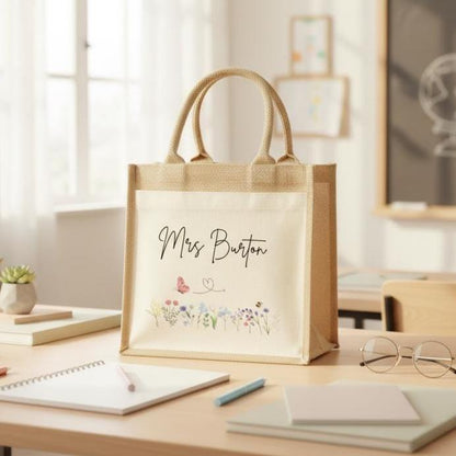 Personalised Custom Name Flowers Jute Tote Bag