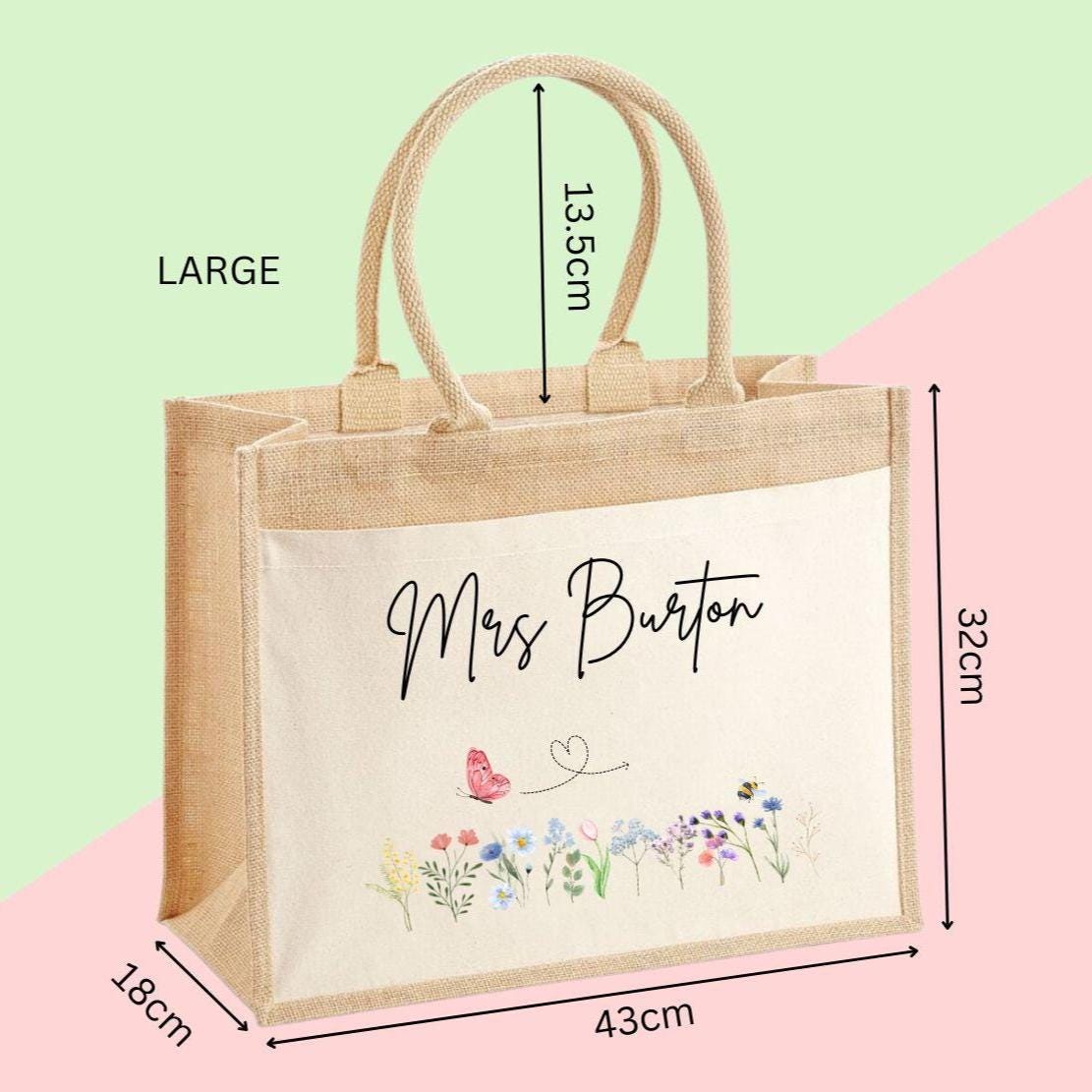 Personalised Custom Name Flowers Jute Tote Bag