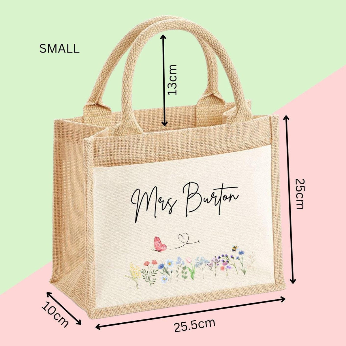 Personalised Custom Name Flowers Jute Tote Bag