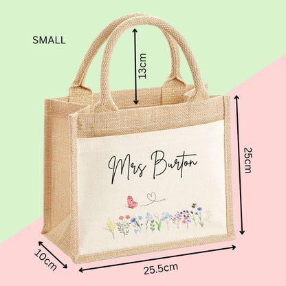 Personalised Custom Name Flowers Jute Tote Bag