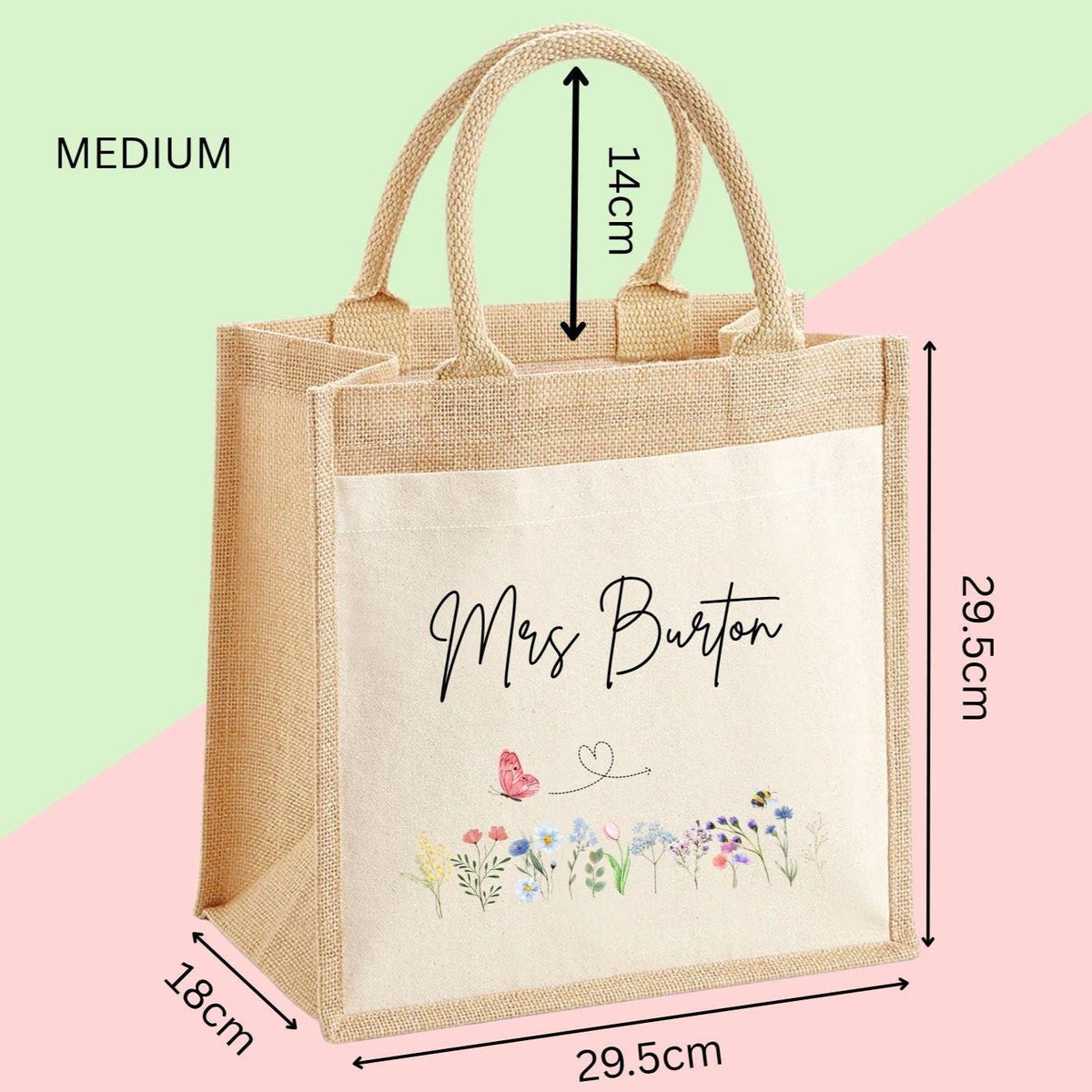 Personalised Custom Name Flowers Jute Tote Bag